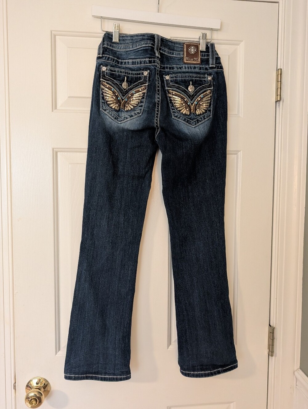 Women's Miss Me Angel Wings Rhinestone Mid Rise Jeans 26 Waist 34 Inseam